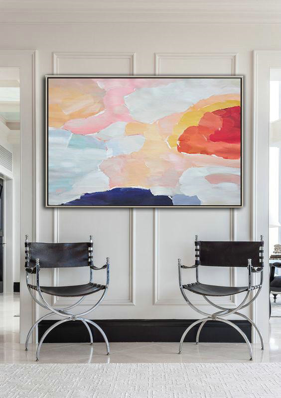 Extra Large Acrylic Painting On Canvas,Oversized Horizontal Contemporary Art,Contemporary Wall Art,Pink,Dark Blue,Grey,Red.etc